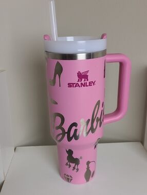 Stanley Pink Barbie Travel Mug with Silver Accent and Screw Handle